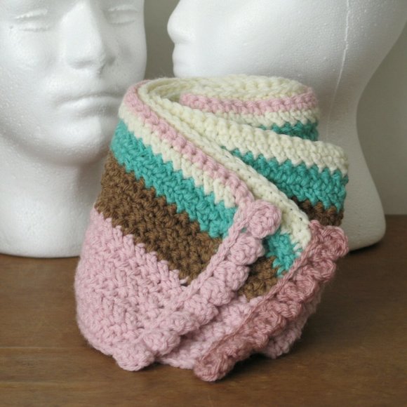 Long Striped Scarf pink/brown/cream/aqua - Picture 9 of 12